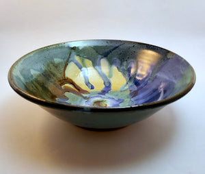 Beautiful Signature style bowl glazed in blues, greens and browns. Handmade on Vashon Island by Abraham McBride Pottery. Local ceramics artist, Seattle Washington. Local small business, Made in the USA. 