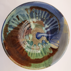 Beautiful blue, green, and brown drip glazed serving bowl. Handmade on Vashon Island by Abraham McBride Pottery. Local ceramics artist, Seattle Washington.