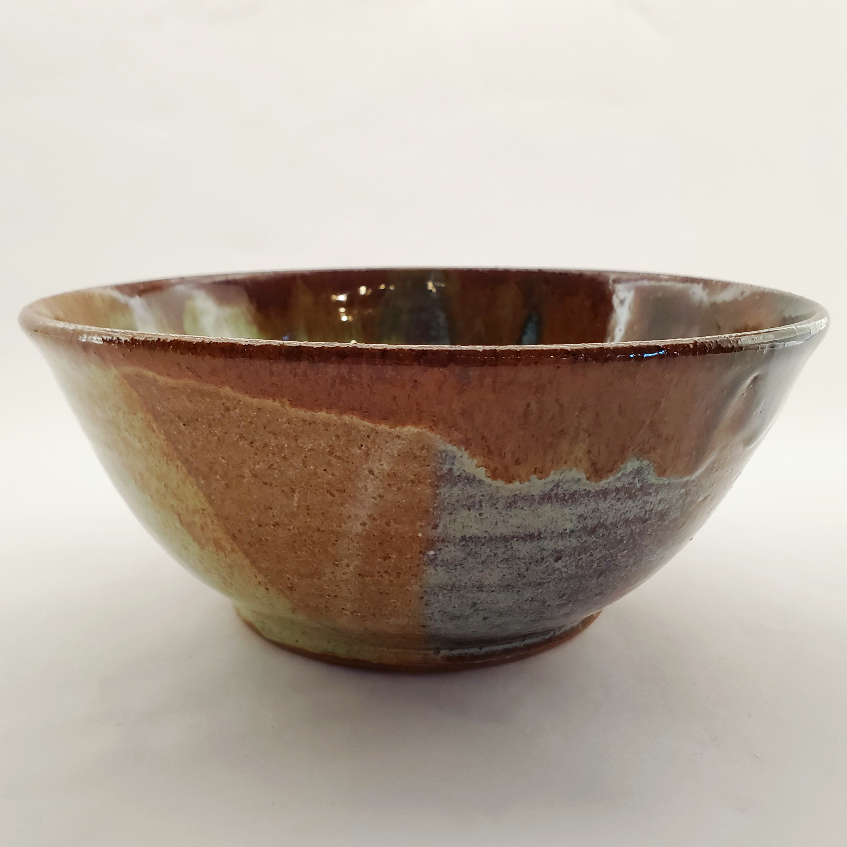 Beautiful Feathered style bowl glazed in greens and browns. Handmade on Vashon Island by Abraham McBride Pottery. Local ceramics artist, Seattle Washington. Small business, Made in the USA. 