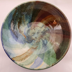 Beautiful, Signature style bowl glazed in blues, greens and browns. Handmade on Vashon Island by Abraham McBride Pottery. Local ceramics artist, Seattle Washington. Small business, Made in the USA. 